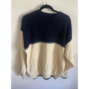 Mens Navy Cream Colorblock Textured Knit Sweater Cotton Made in USA